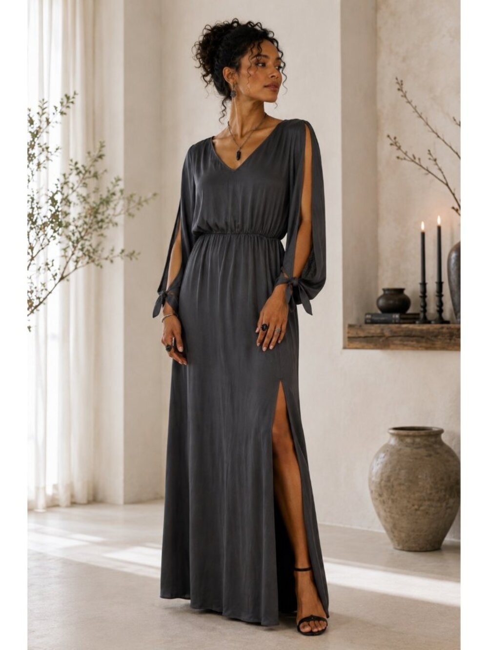 Leith Gray Maxi Dress Women’s Large Open Tie Sleeves Side Slit Modern Witch Godd
